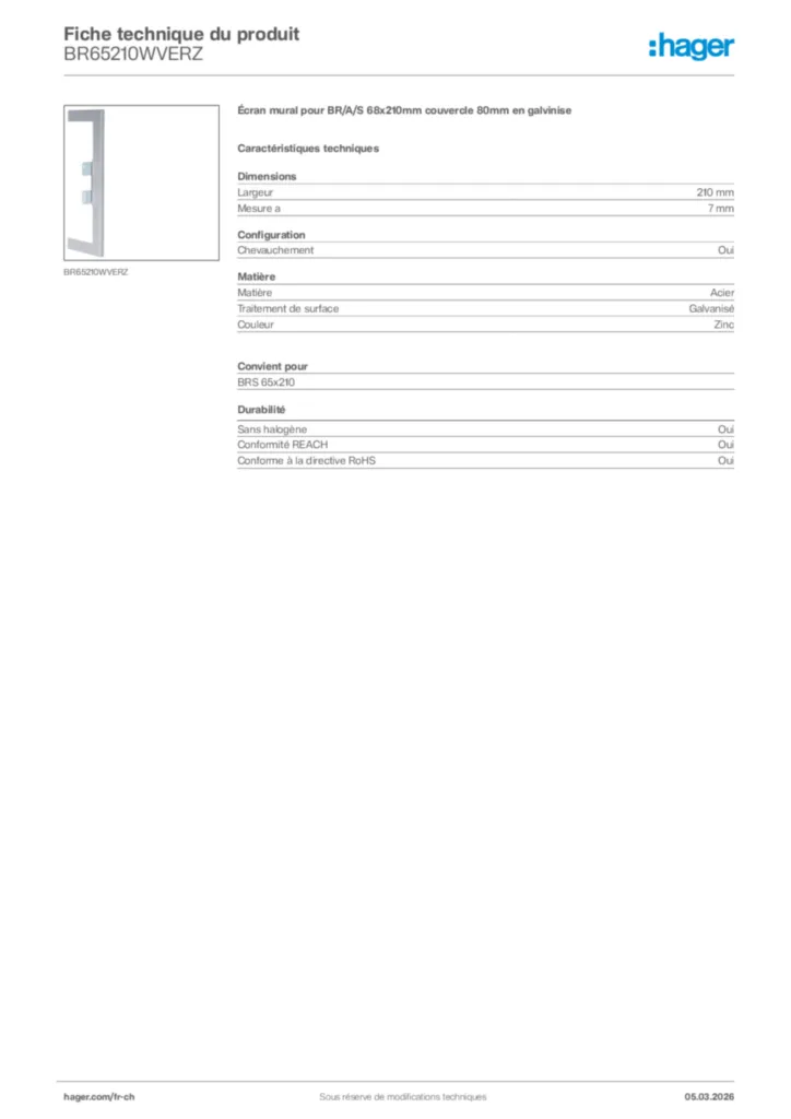 Image Hager Fiche technique du produit BR65210WVERZ | Hager Suisse
