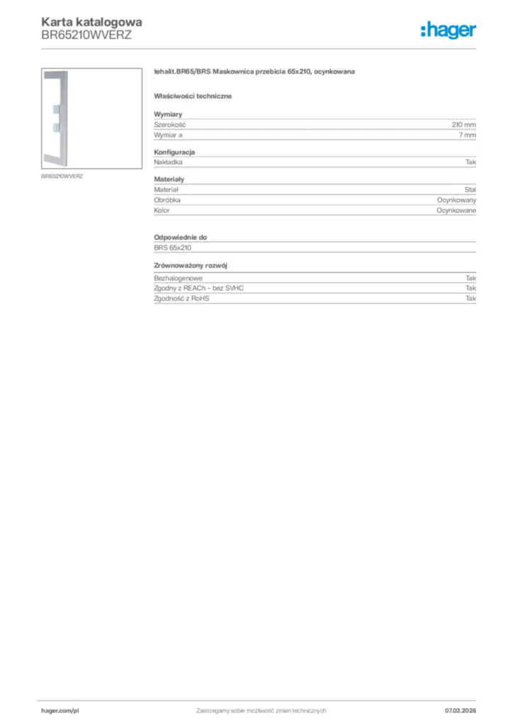 Zdjęcie Hager Karta katalogowa BR65210WVERZ | Hager Polska