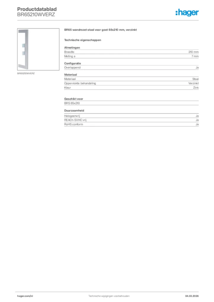 Afbeelding Hager Productdatablad BR65210WVERZ | Hager Nederland