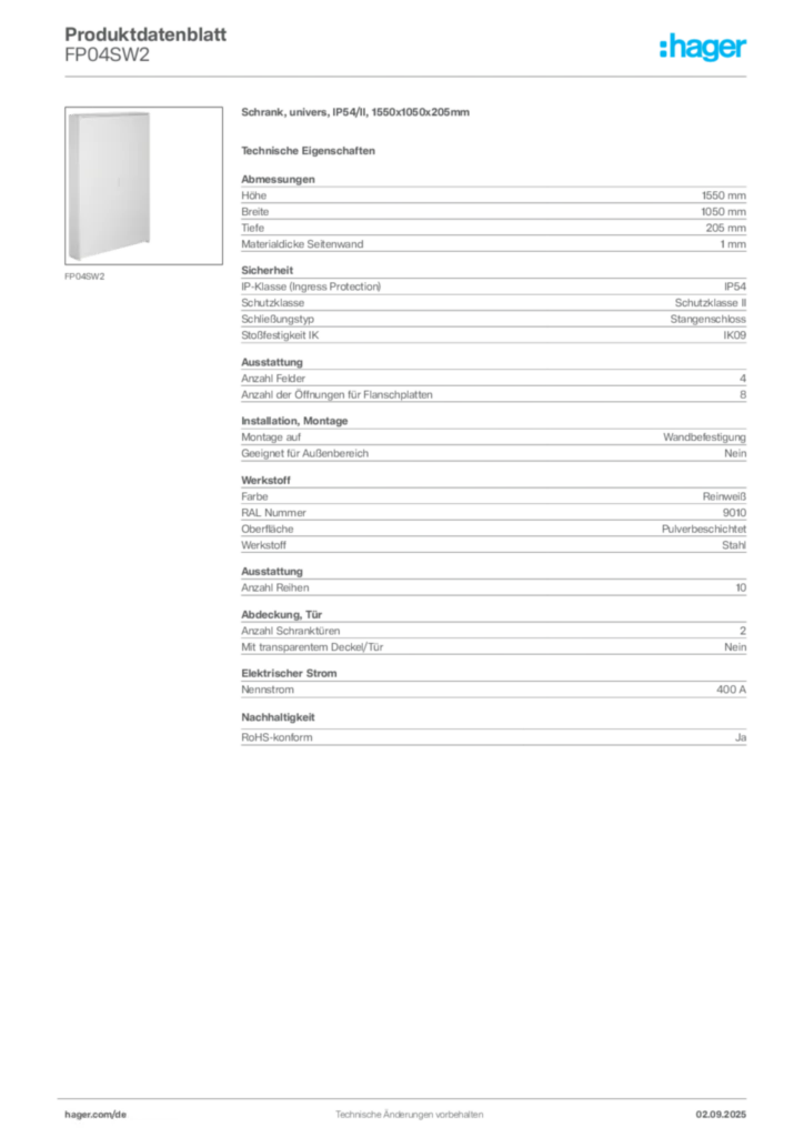 Bild Hager Produktdatenblatt FP04SW2 | Hager Deutschland