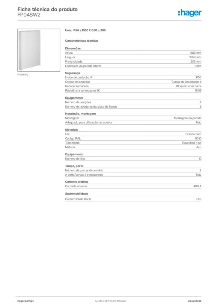 Imagem Hager Ficha técnica do produto FP04SW2 | Hager Portugal