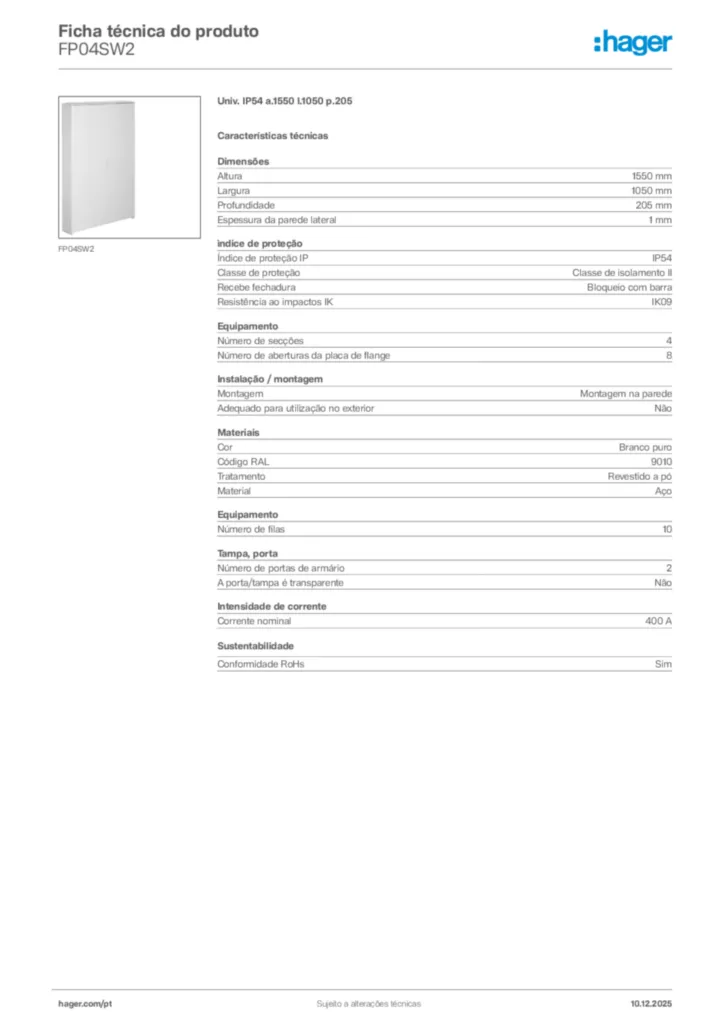 Imagem Hager Ficha técnica do produto FP04SW2 | Hager Portugal