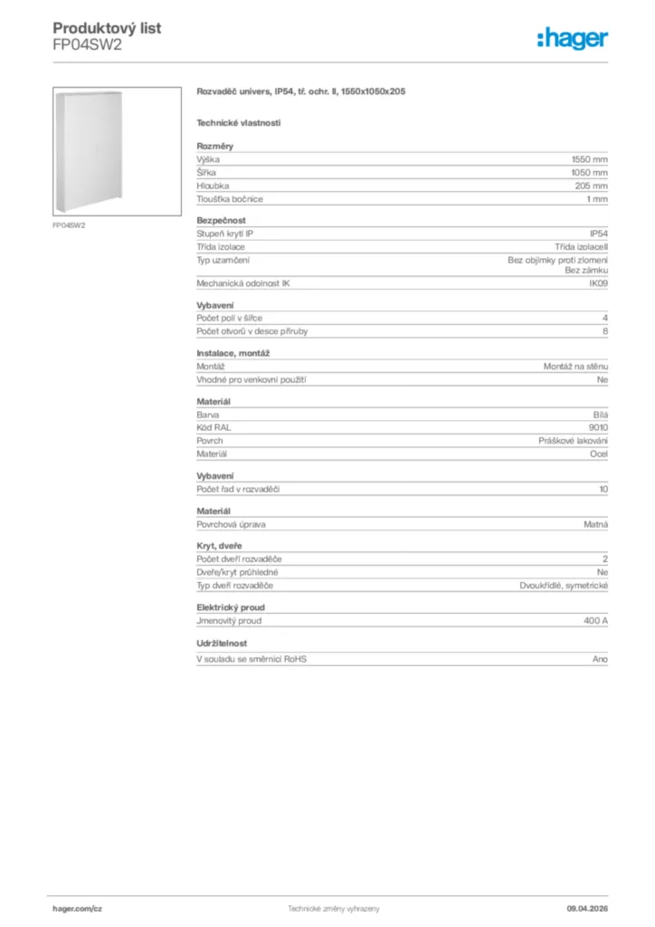 Obrázek Hager Product data sheet FP04SW2 | Hager