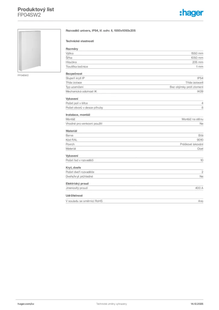Obrázek Hager Produktový list FP04SW2 | Hager