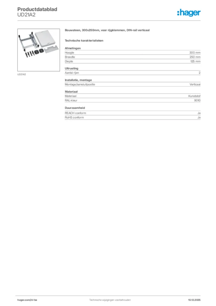 Afbeelding Hager Productdatablad UD21A2 | Hager Belgium