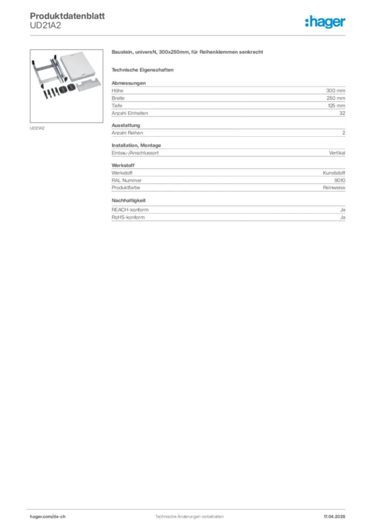 Bild Hager Produktdatenblatt UD21A2 | Hager Schweiz