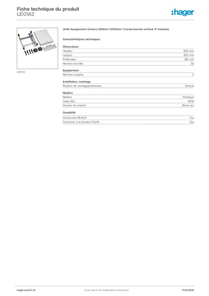 Image Hager Fiche technique du produit UD21A2 | Hager Suisse