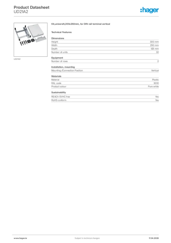 Image Hager Product data sheet UD21A2  | Hager