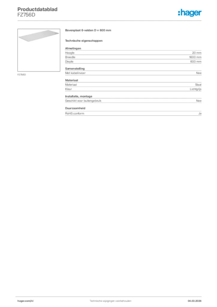 Afbeelding Hager Productdatablad FZ756D | Hager Nederland