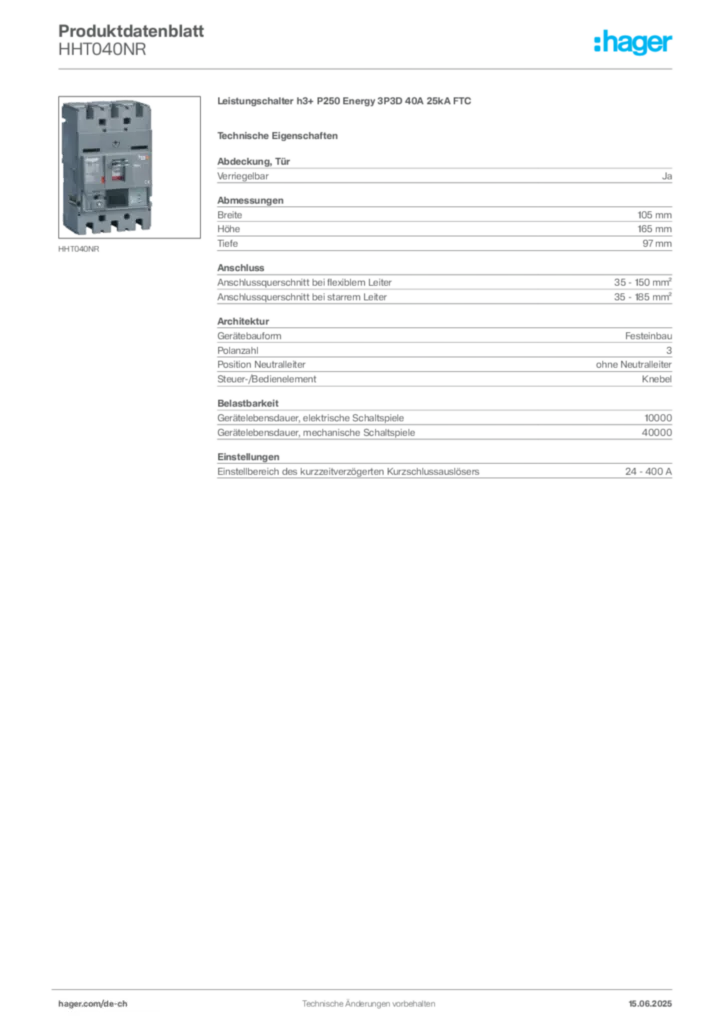 Bild Hager Produktdatenblatt HHT040NR | Hager Schweiz