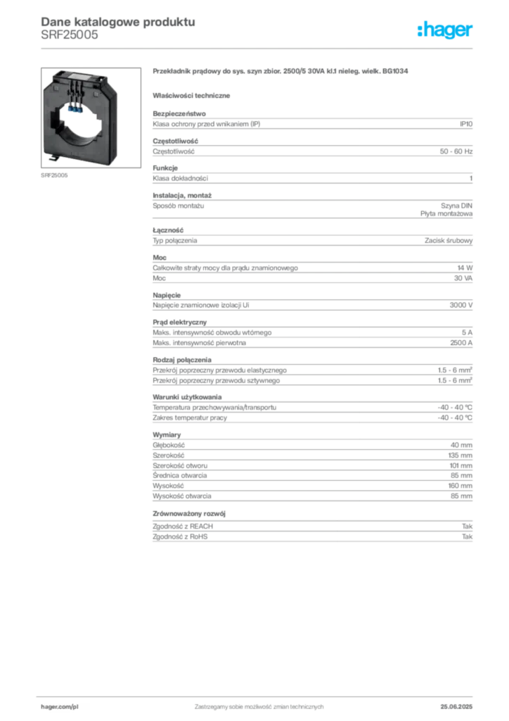 Zdjęcie Hager Dane katalogowe produktu SRF25005 | Hager Polska