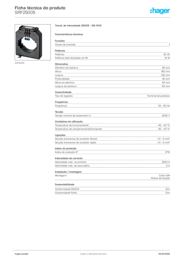 Imagem Hager Ficha técnica do produto SRF25005 | Hager Portugal