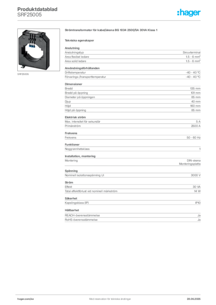 Bild Hager Produktdatablad SRF25005 | Hager Sverige