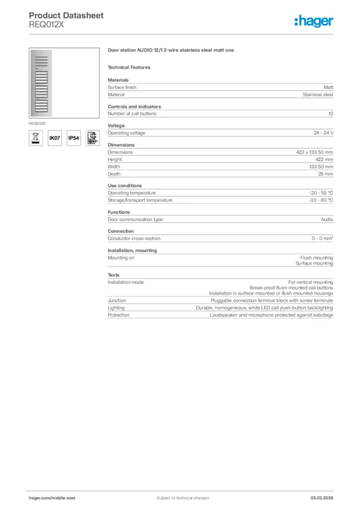 Image Hager Product data sheet REQ012X  | Hager