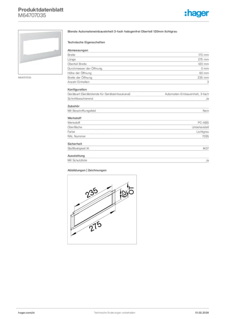 Bild Hager Produktdatenblatt M64707035 | Hager Deutschland