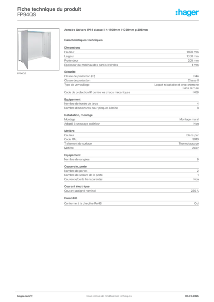 Image Hager Fiche technique du produit FP94QS | Hager France