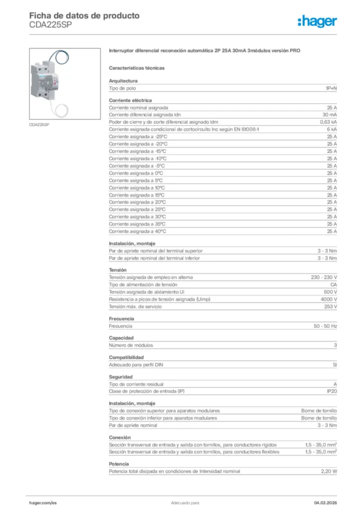 Imagen Hager Ficha de datos de producto CDA225SP | Hager España