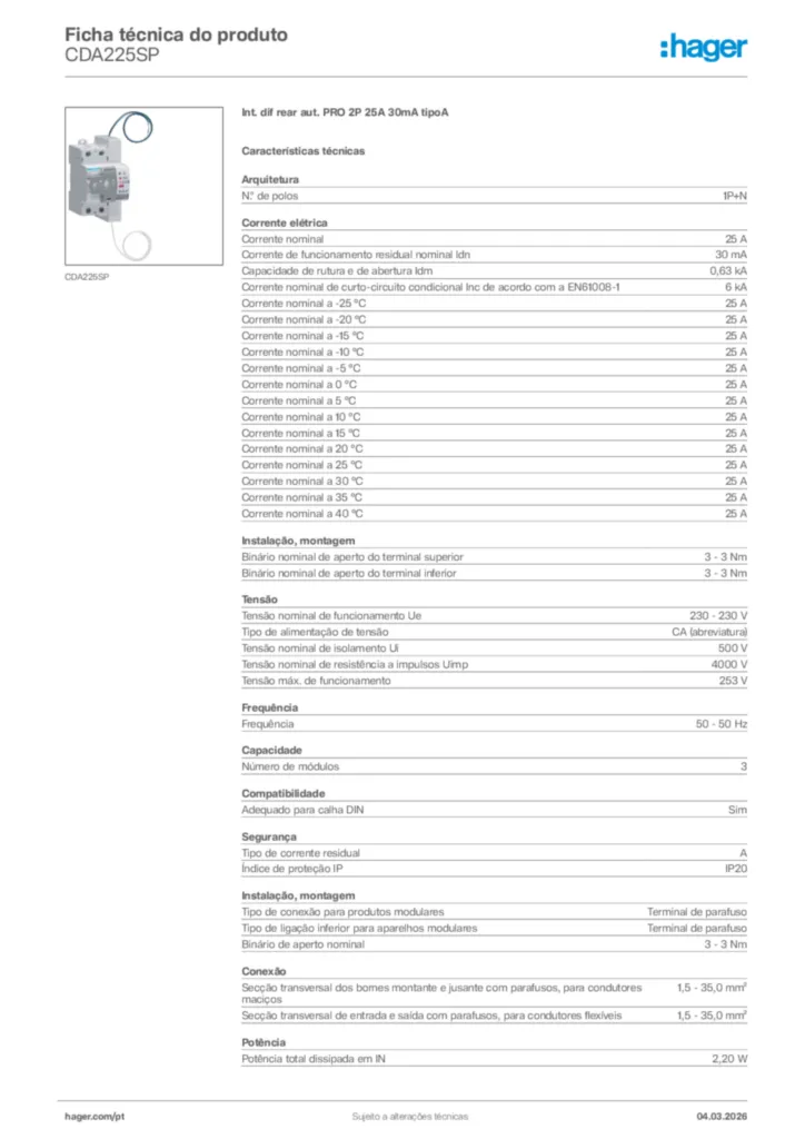 Imagem Hager Ficha técnica do produto CDA225SP | Hager Portugal