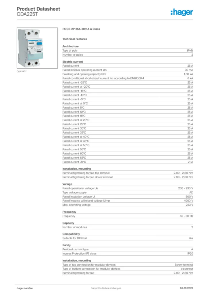 Image Hager Product data sheet CDA225T  | Hager Australia