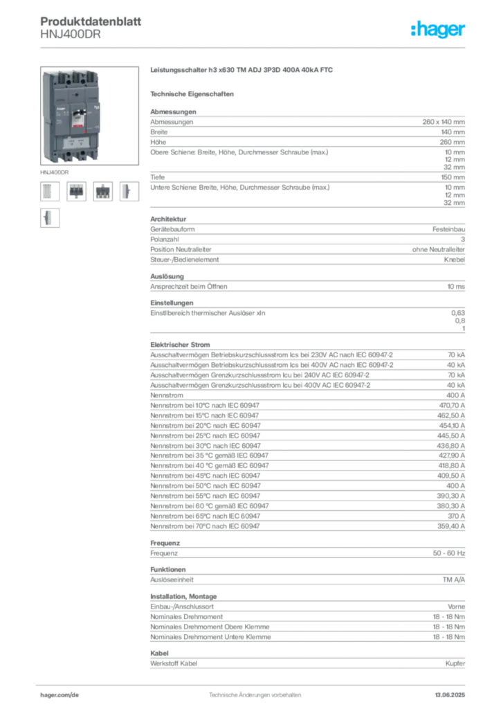 Bild Hager Produktdatenblatt HNJ400DR | Hager Deutschland