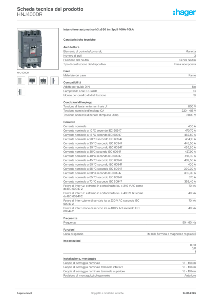 Immagine Hager Scheda tecnica del prodotto HNJ400DR | Hager Italia