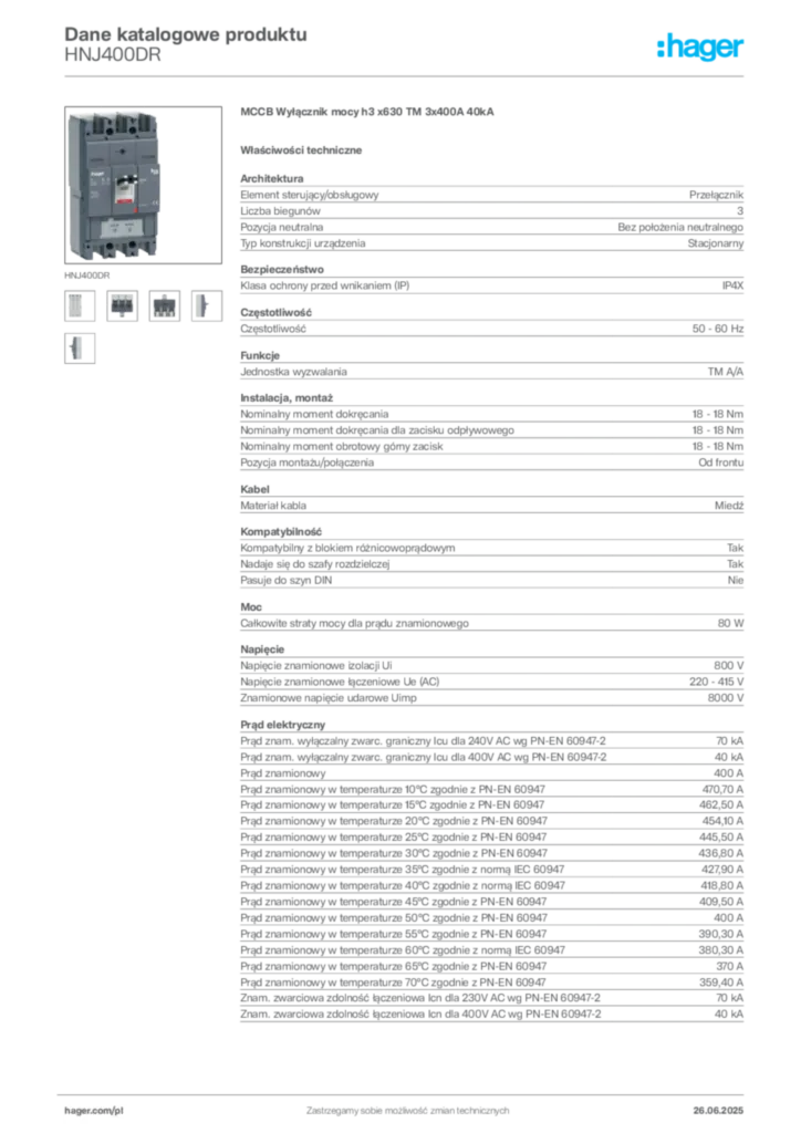 Zdjęcie Hager Dane katalogowe produktu HNJ400DR | Hager Polska