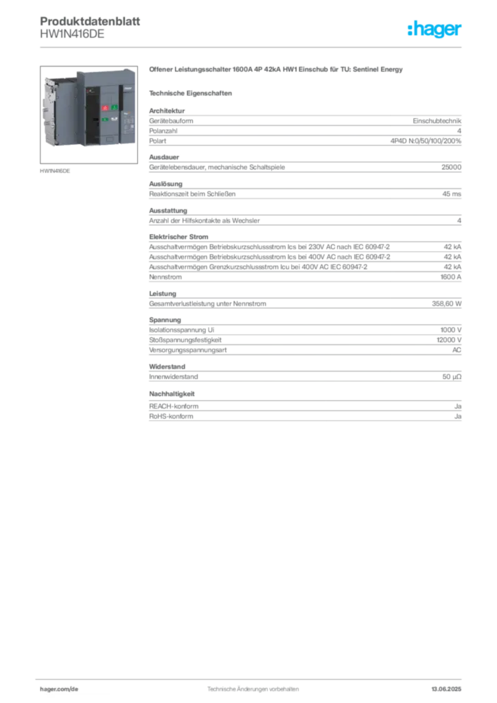 Bild Hager Produktdatenblatt HW1N416DE | Hager Deutschland