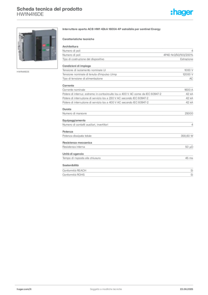 Immagine Hager Scheda tecnica del prodotto HW1N416DE | Hager Italia