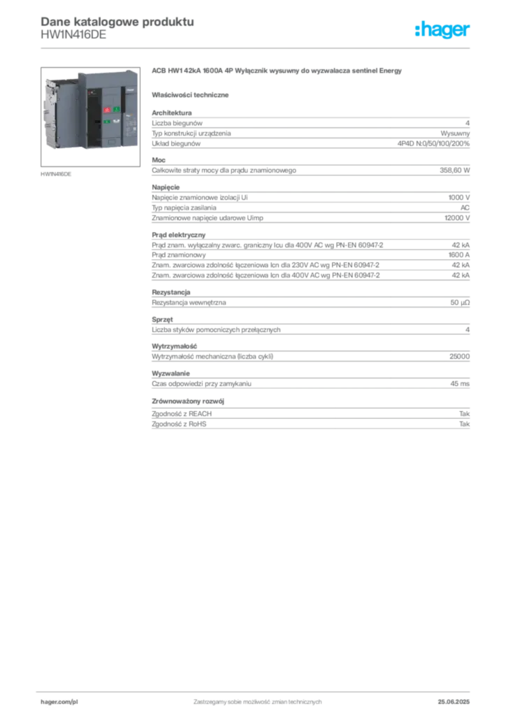 Zdjęcie Hager Dane katalogowe produktu HW1N416DE | Hager Polska