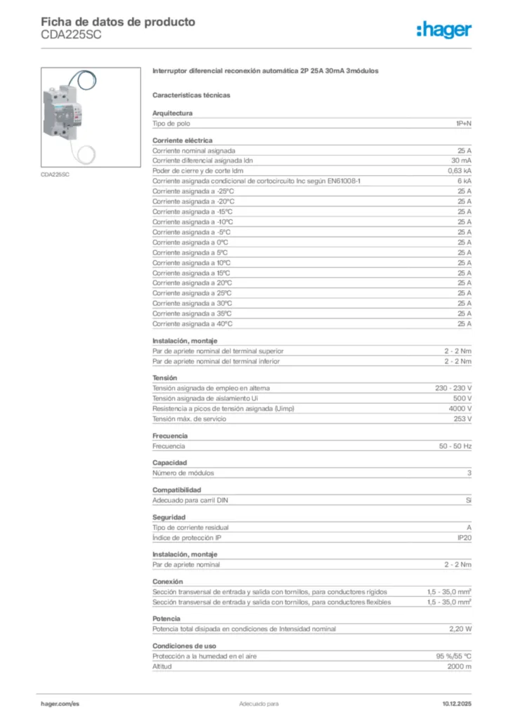 Imagen Hager Ficha de datos de producto CDA225SC | Hager España