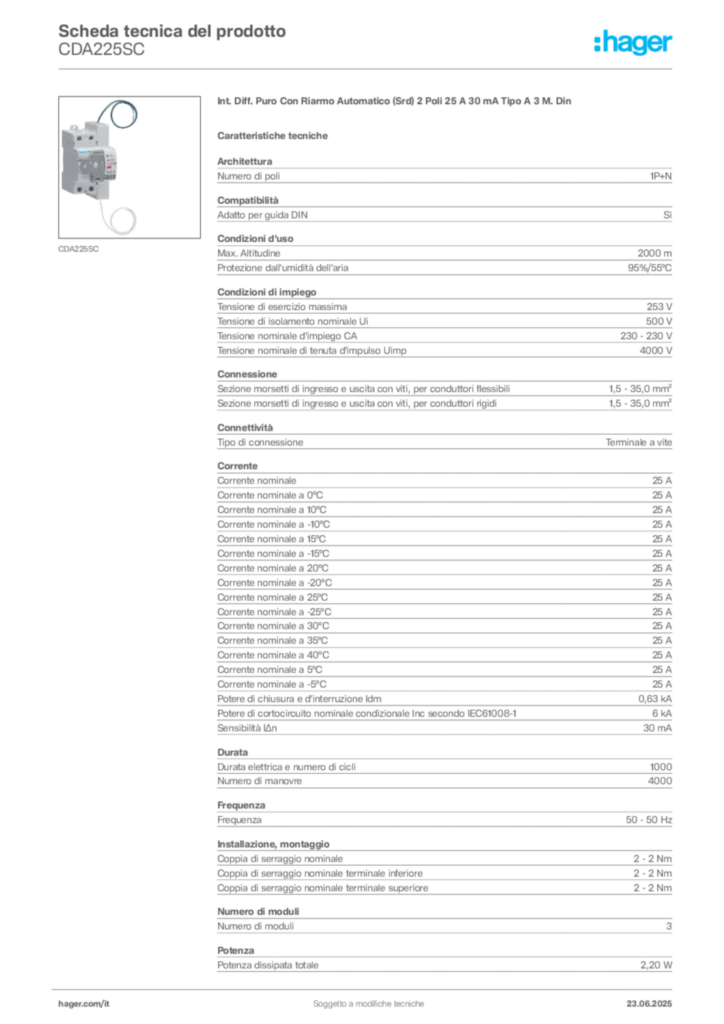 Immagine Hager Scheda tecnica del prodotto CDA225SC | Hager Italia