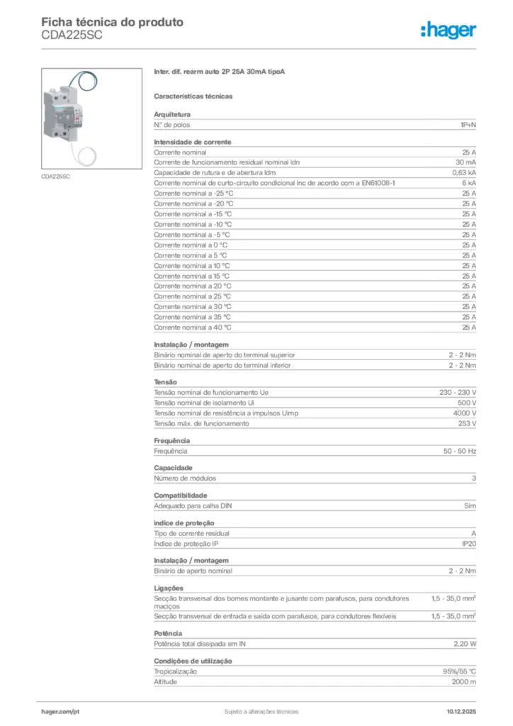 Imagem Hager Ficha técnica do produto CDA225SC | Hager Portugal