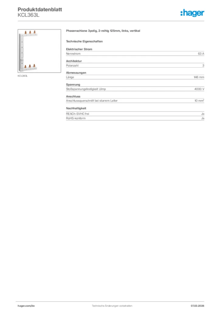 Bild Hager Produktdatenblatt KCL363L | Hager Deutschland