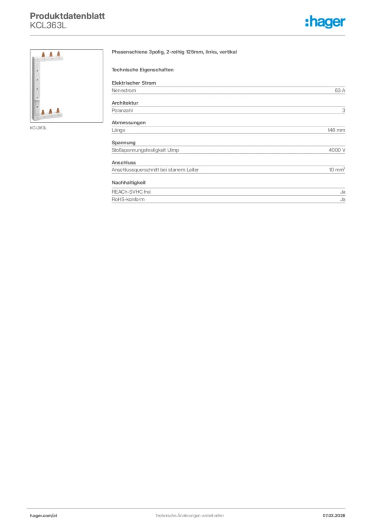 Bild Hager Produktdatenblatt KCL363L | Hager Deutschland