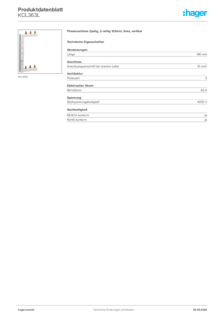 Bild Hager Produktdatenblatt KCL363L | Hager Deutschland