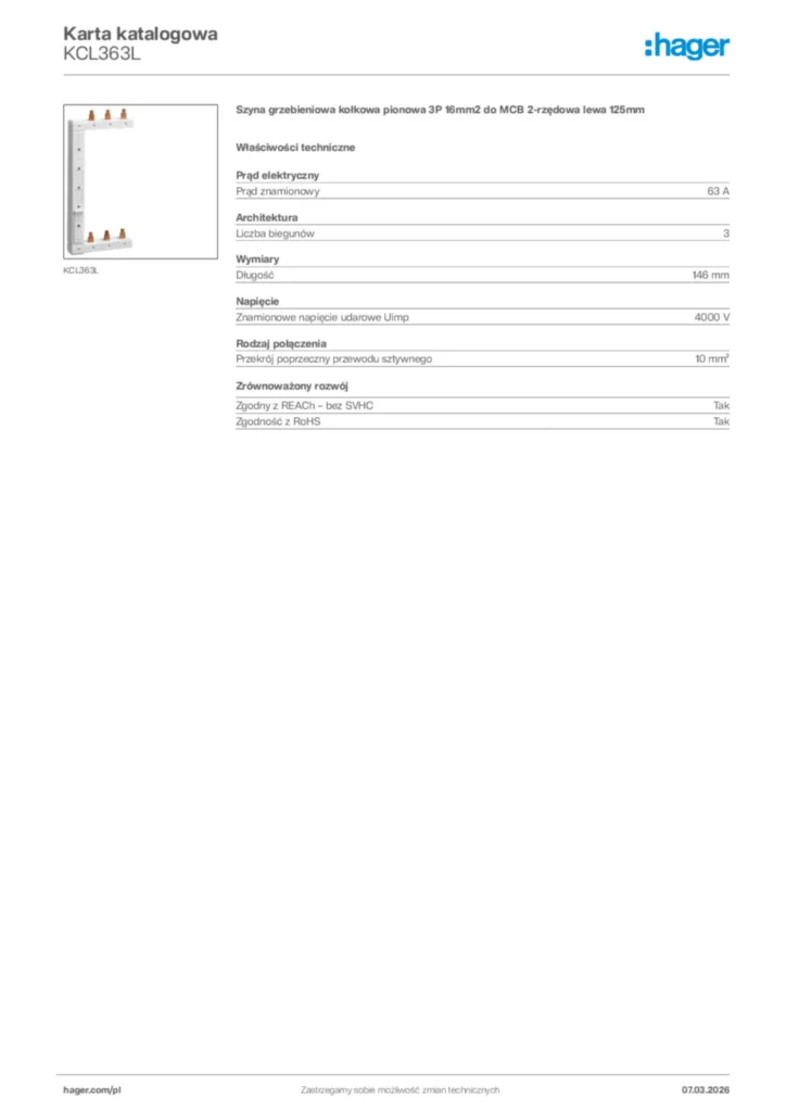 Zdjęcie Hager Karta katalogowa KCL363L | Hager Polska