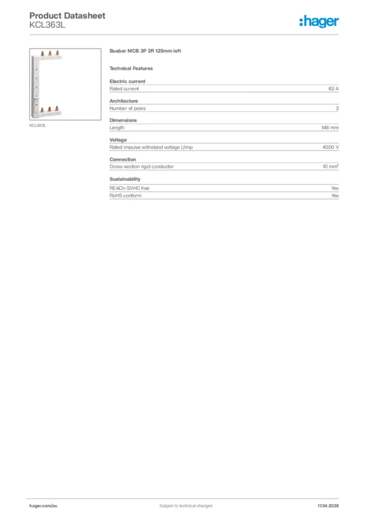 Image Hager Product data sheet KCL363L  | Hager Australia