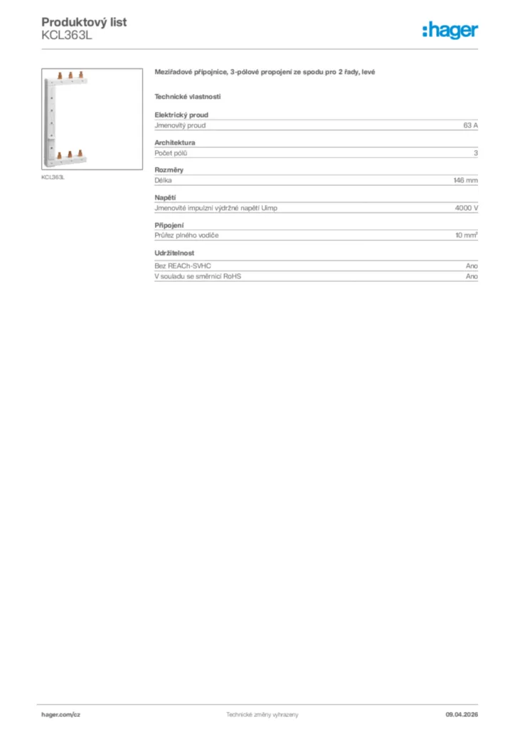 Obrázek Hager Product data sheet KCL363L | Hager