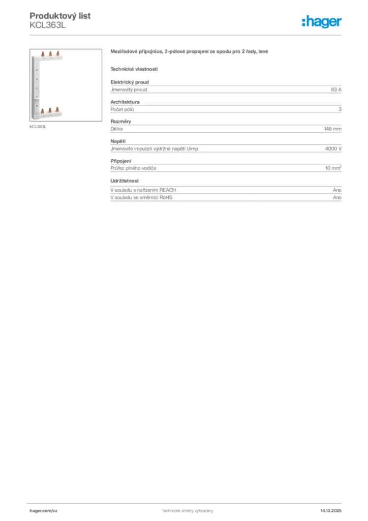 Obrázek Hager Produktový list KCL363L | Hager