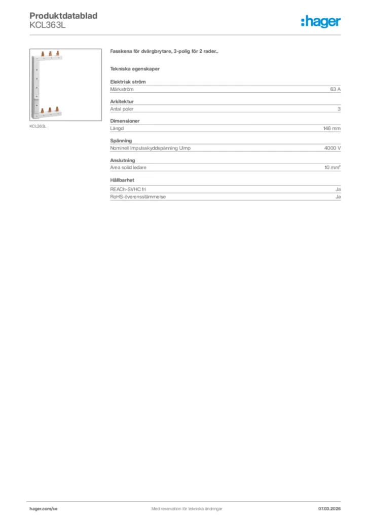 Bild Hager Produktdatablad KCL363L | Hager Sverige