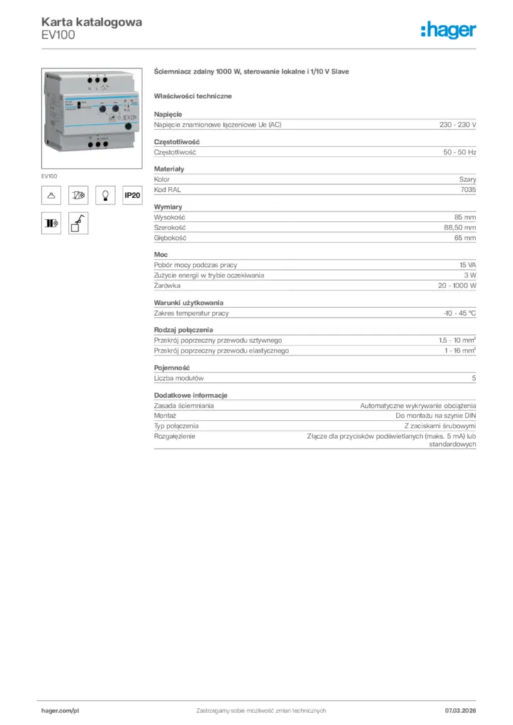 Zdjęcie Hager Karta katalogowa EV100 | Hager Polska