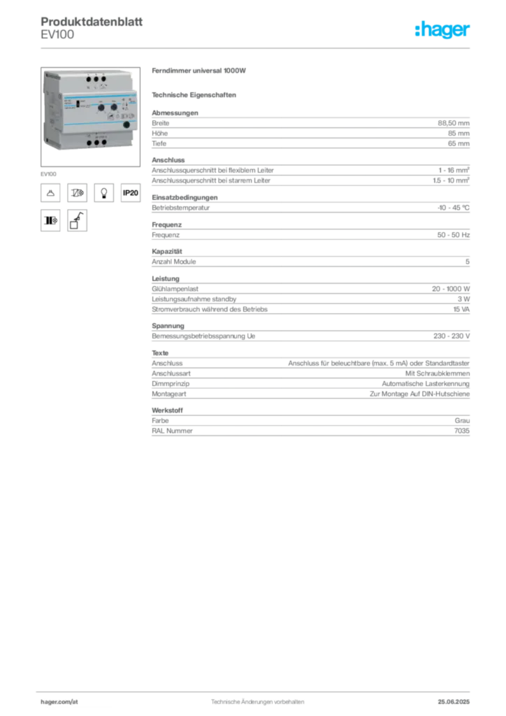 Bild Hager Produktdatenblatt EV100 | Hager Deutschland