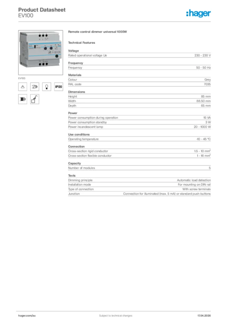 Image Hager Product data sheet EV100  | Hager Australia