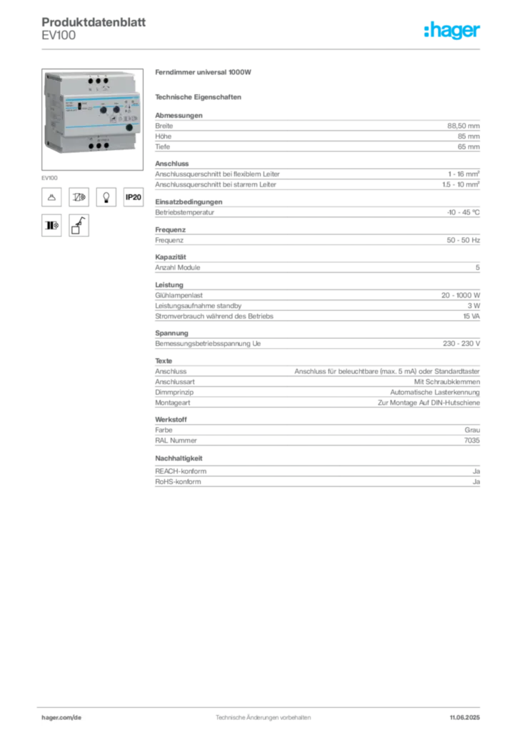 Bild Hager Produktdatenblatt EV100 | Hager Deutschland