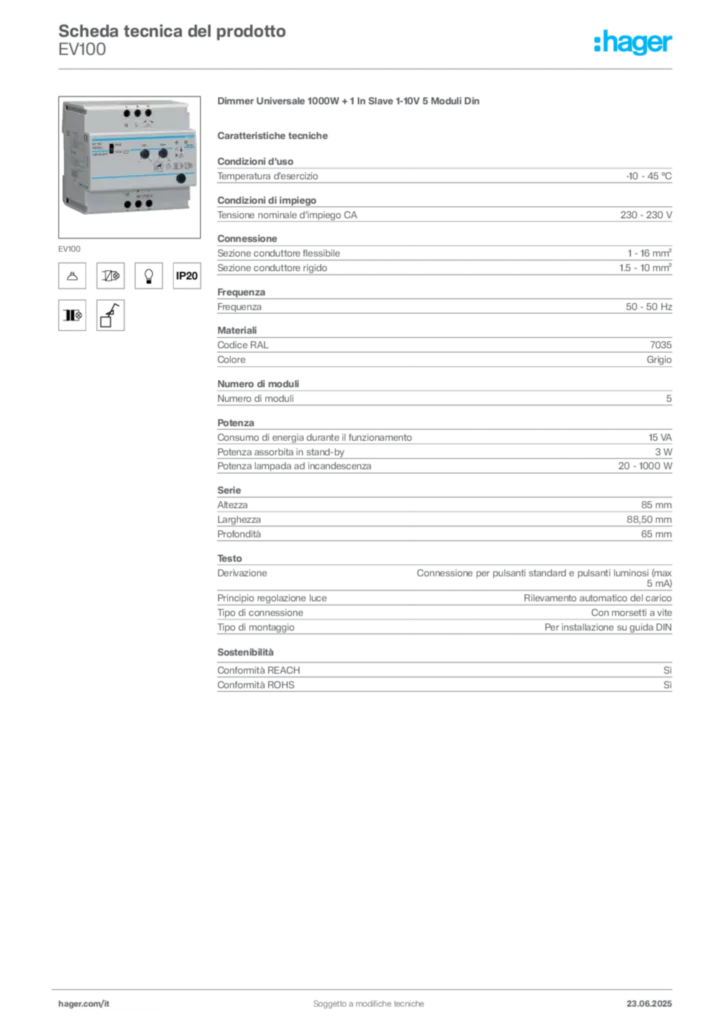Immagine Hager Scheda tecnica del prodotto EV100 | Hager Italia