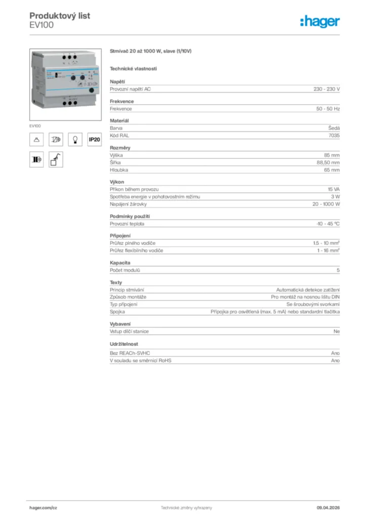 Obrázek Hager Product data sheet EV100 | Hager