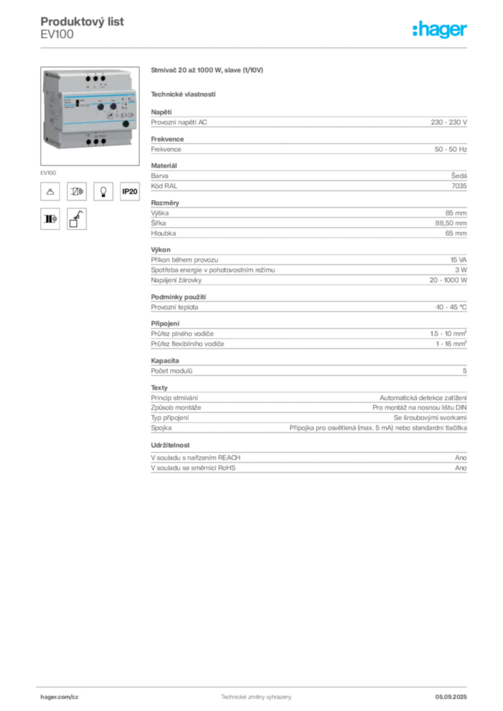 Obrázek Hager Produktový list EV100 | Hager
