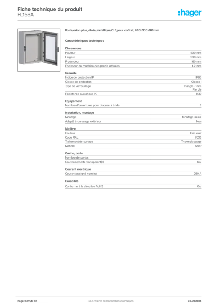 Image Hager Fiche technique du produit FL156A | Hager Suisse