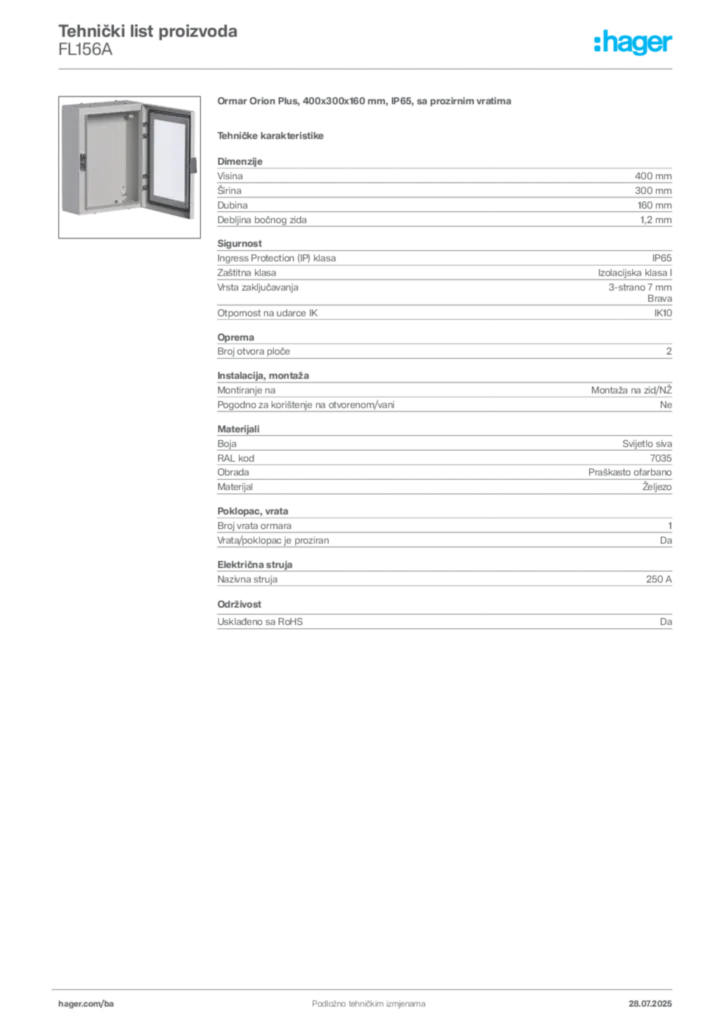 Slika Hager Product data sheet FL156A  | Hager