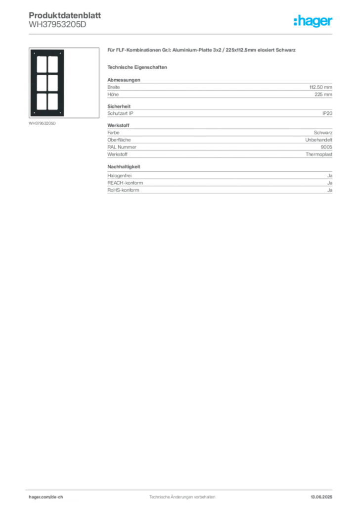 Bild Hager Produktdatenblatt WH37953205D | Hager Schweiz